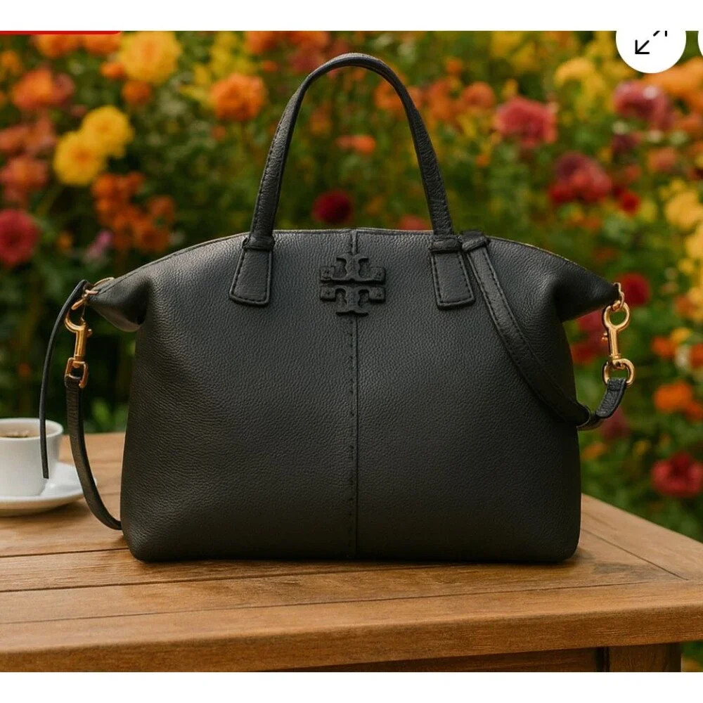 Tory Burch Black Pebbled Leather McGraw Top-Zip Satchel Crossbody Bag